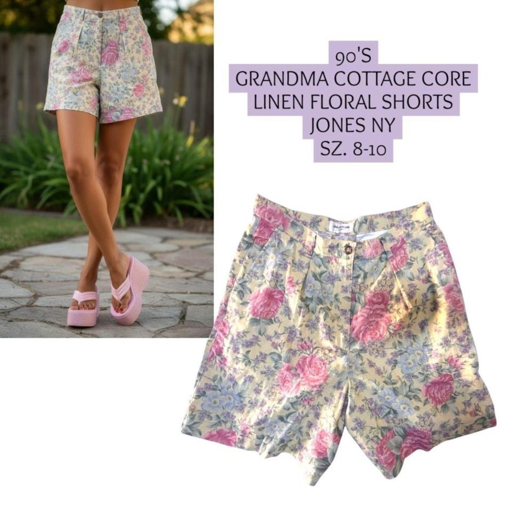 90'S VINTAGE GRANDMA COTTAGE CORE FLORAL LINEN SHORTS JONES NY 8-10‎